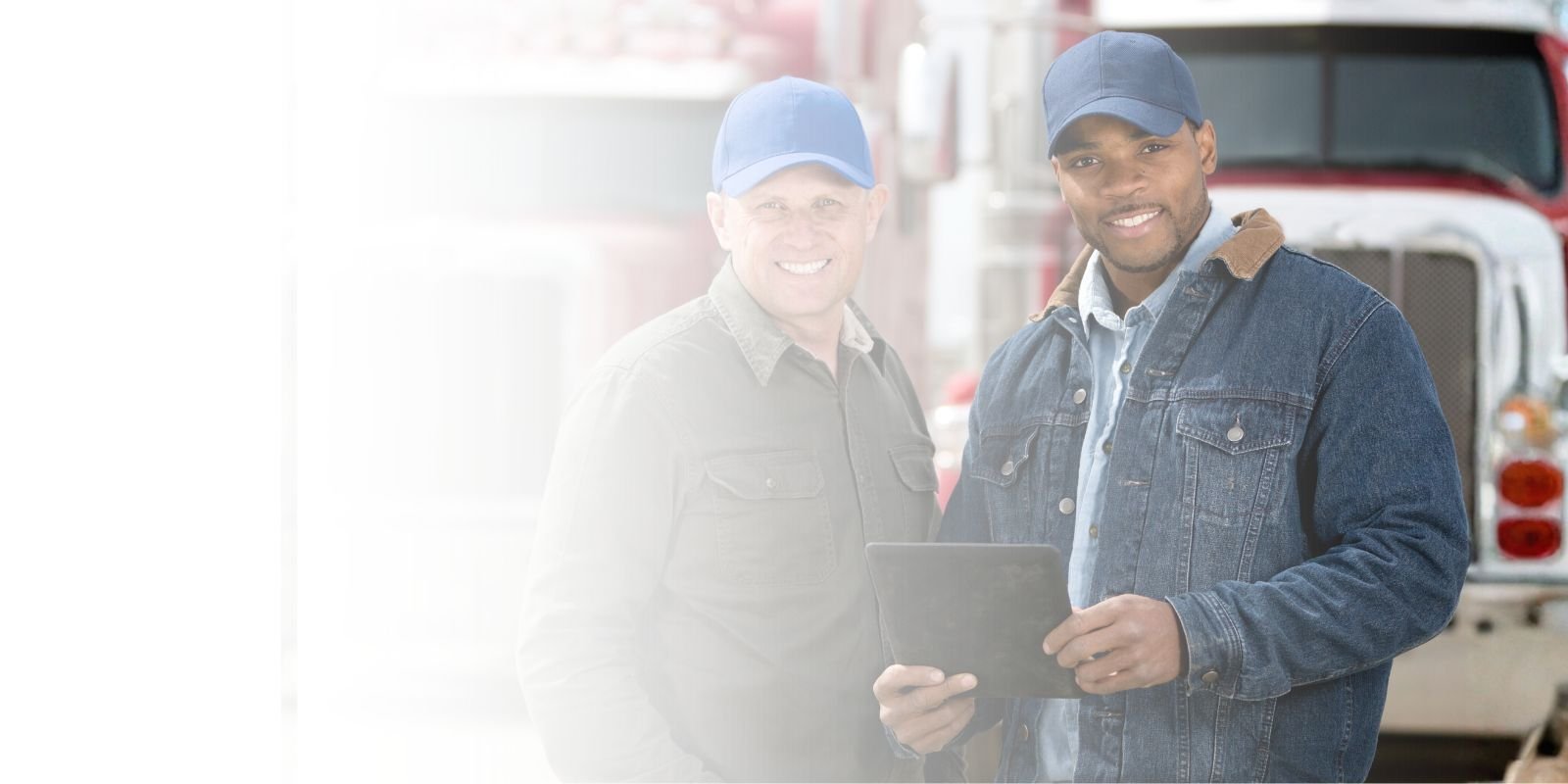 Dos choferes profesionales de transporte de carga, uno con tablet, sonriendo frente a la cabina de un camión en un patio de maniobras.