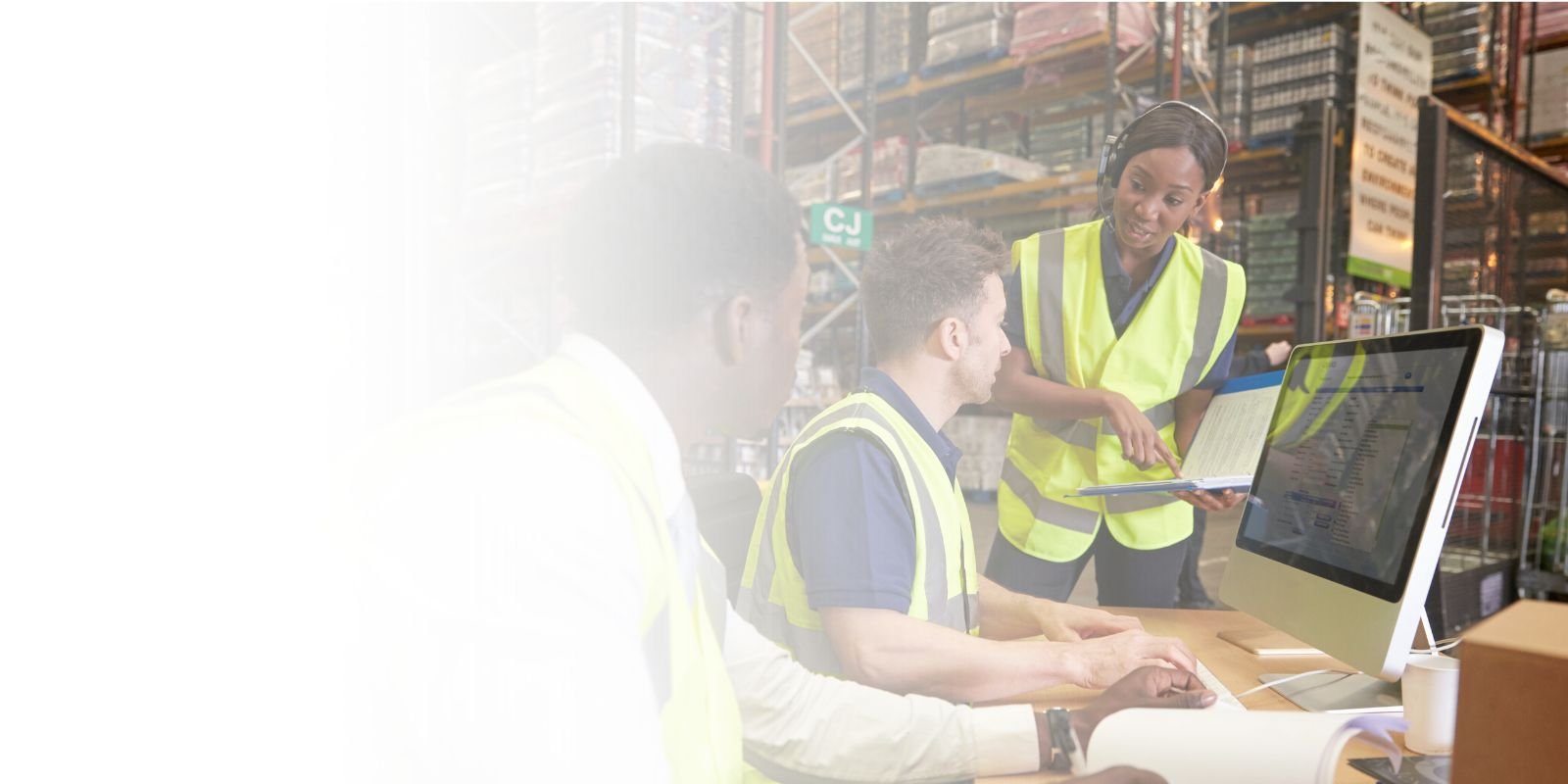 Equipo de consultores y personal de almacén revisando datos de logística y gestión de inventario en un monitor en un centro de distribución.