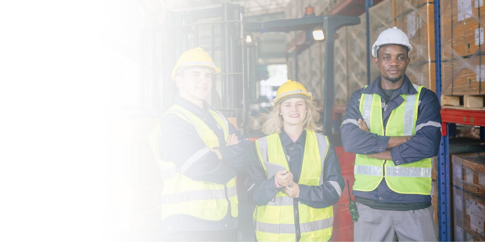 Operaria de almacén concentrada, usando un escáner handheld de código de barras para registrar inventario en un pasillo industrial.